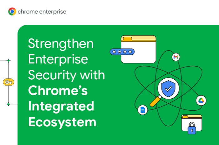 Editorial graphic: strengthen enterprise security with Chrome's integrated ecosystem.