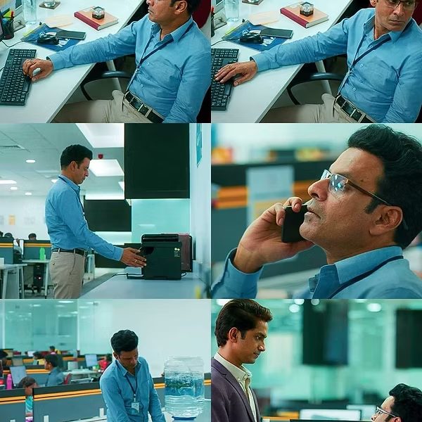 Social post collage placing The Family Man's 'minimum guy' idea inside an everyday office setting.
